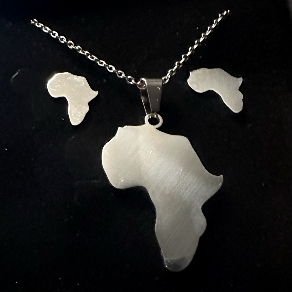 Gold Africa Map Pendant Necklace and Earrings Set. Handmade in Ghana.